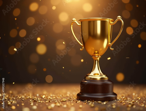 Golden trophy against sparkling background celebrating achievement and success