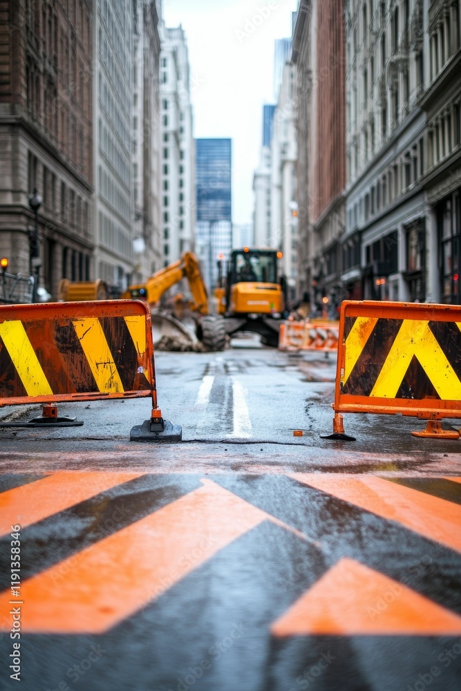 Fototapeta premium City street construction; wet road, machinery, barriers.
