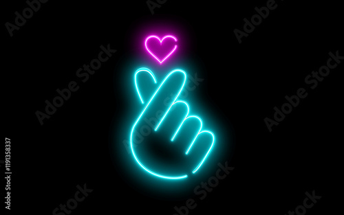 K-POP neon colorful sign. Sign of Finger Heart with colorful neon lights isolated. Finger Heart Neon Sign. Premium K-Pop Heart Hand Led Sign. Hand Heart Gesture Neon Light. Hand Symbol Love lights.