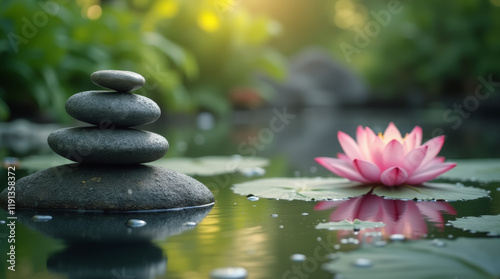 Tranquil waterscape with zen stones and blooming lotus in serene garden setting