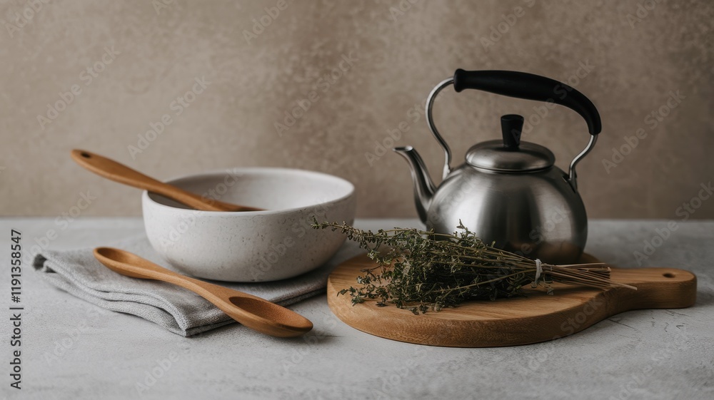 Kitchen Still Life with Kettle Bowl and Herbs