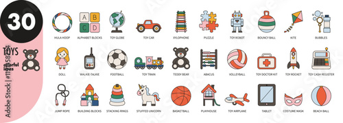 Colorful kids toys thin line icons set. Teddy, car, doll, train, robot, ball, unicorn, kite, bubbles, playhouse, xylophone, globe, puzzle, abacus, rocket, jump rope, vector illustration