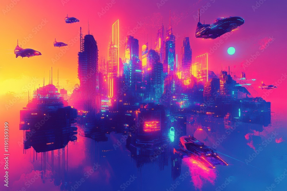 Obraz premium Futuristic Floating Cityscape With Spaceships Soaring Above