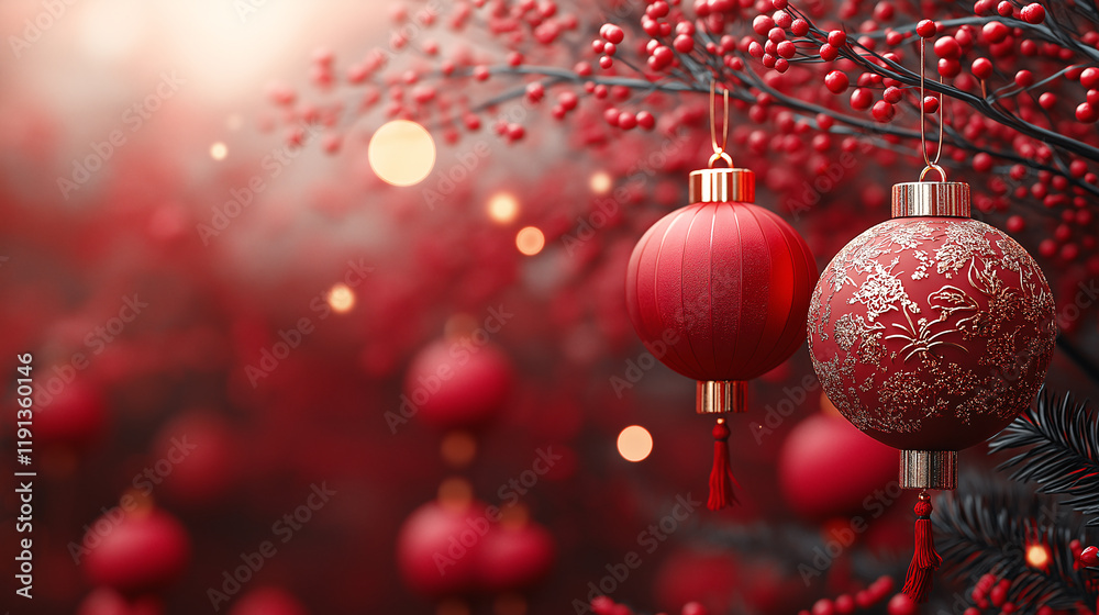 Obraz premium A red background with red and gold ornaments hanging from a tree