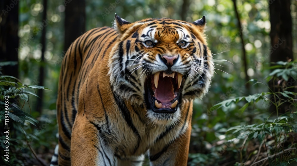 tiger roaring in the middle of the forest, front view tiger roaring in the middle of the forest, front view