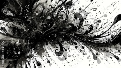 Abstract black and white swirling design with dynamic shapes and fluid forms.