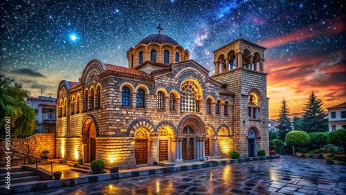 Night Photography: Hagios Demetrios Church, Thessaloniki, Greece - Illuminated Byzantine Architecture photo