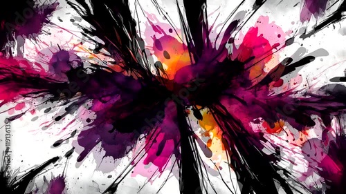 Abstract splashes of vibrant colors with bold black lines on a light background.