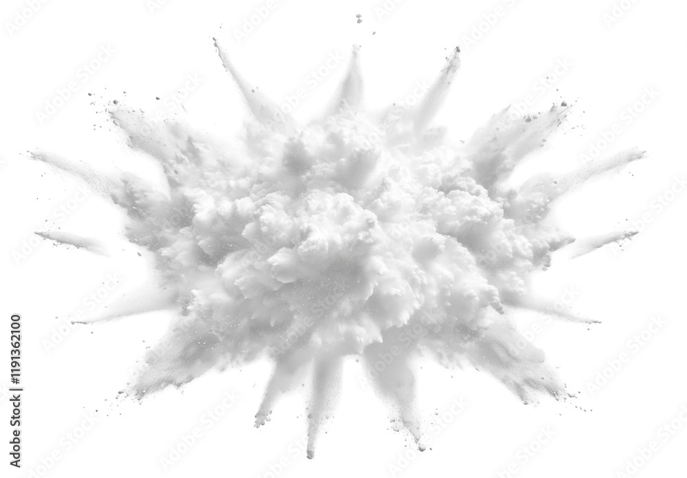 White powder explosion burst isolated on white and transparent background White powder explosion burst isolated on white and transparent background