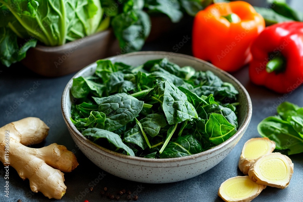 Fresh green spinach and vibrant vegetables on a rustic kitchen counter await culinary creativity Fresh green spinach and vibrant vegetables on a rustic kitchen counter await culinary creativity