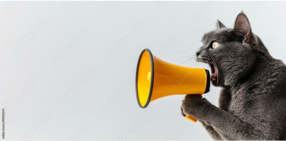 Fototapeta premium Grey cat yelling into yellow megaphone