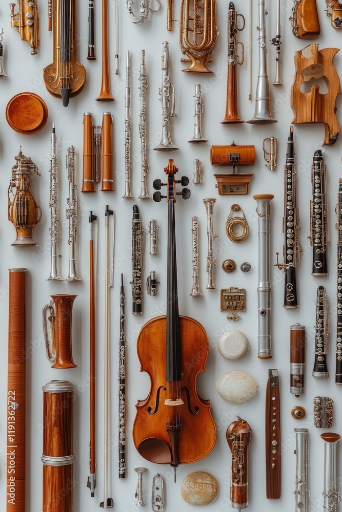 Naklejka premium Orchestra instruments arranged aesthetically.