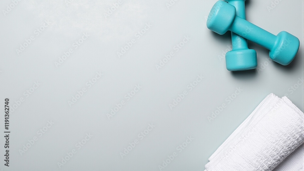Obraz premium Yoga mat teal dumbbells white towel Fitness essentials in perfect arrangement