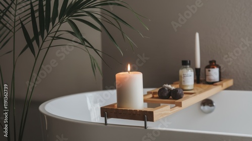 Serene Bath Setting With Candle And Plant photo