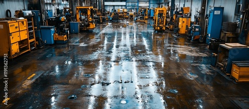 Wet Factory Floor with Industrial Machinery