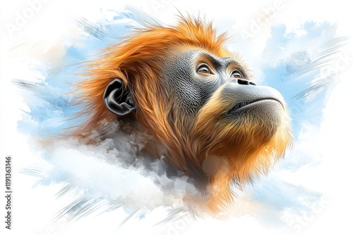 Majestic orangutan gazing into the distance against a dreamy blue backdrop with soft clouds photo