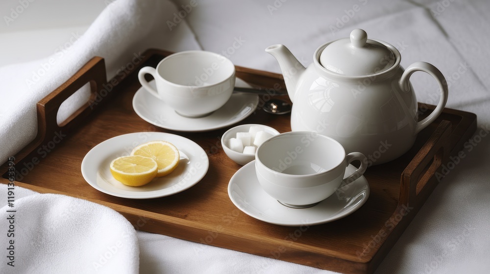 White Tea Set Lemon Slices Wooden Tray Breakfast White Tea Set Lemon Slices Wooden Tray Breakfast