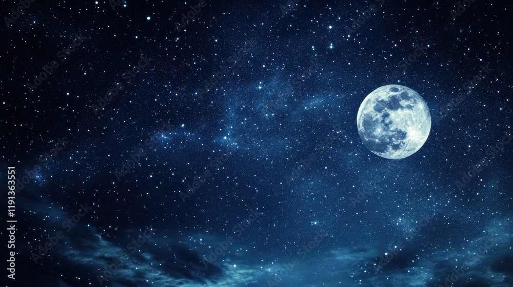 Fototapeta premium Captivating view of a starry night sky with bright constellations and a full moon illuminating the darkness above. Generative AI