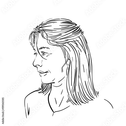 Portrait of a middle aged woman with shoulder length hair, Hand sketch with black lines on white background, Adult female head looking aside with a slightly smile, Hand drawn vector illustration