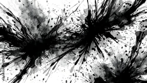 Abstract black and white ink splatter design on a white background.