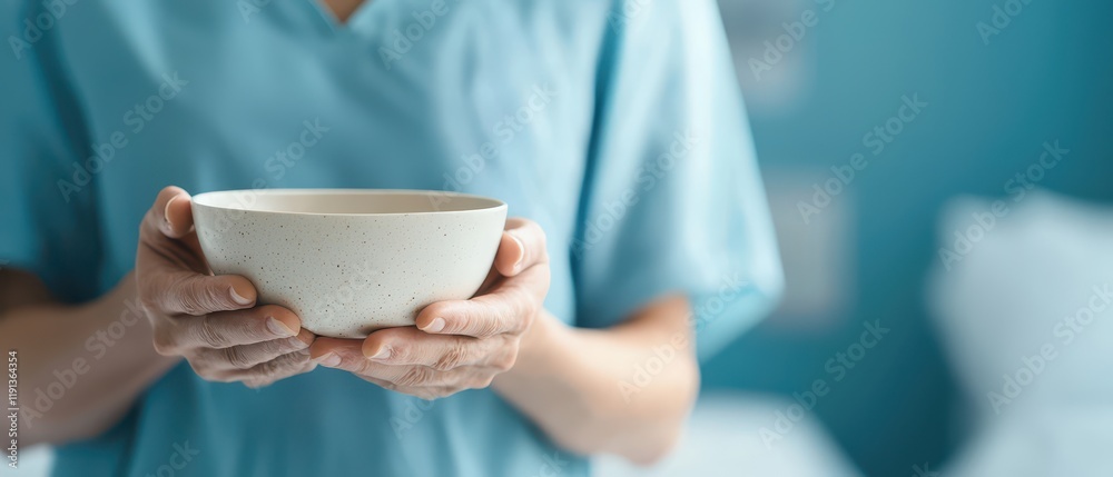 Close-up of a hospital patient wearing medical scrubs holding a ceramic bowl with both hands. Food safety and contamination image concept. Close-up of a hospital patient wearing medical scrubs holding a ceramic bowl with both hands. Food safety and contamination image concept.