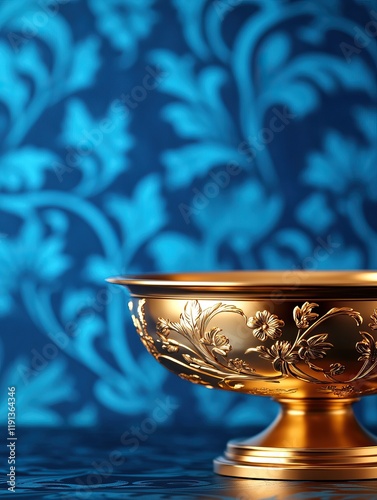 A decorative golden bowl sits elegantly against a vibrant blue floral background, showcasing intricate designs and textures. photo