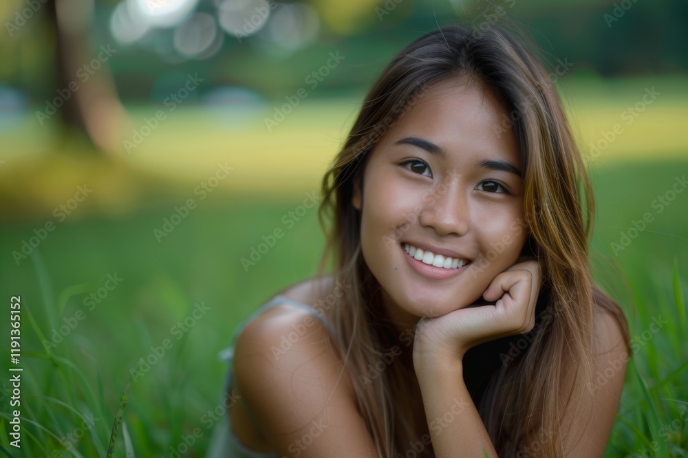 Joyful portrait of a smiling asian woman in a green park outdoor lifestyle photography natural light setting Joyful portrait of a smiling asian woman in a green park outdoor lifestyle photography natural light setting