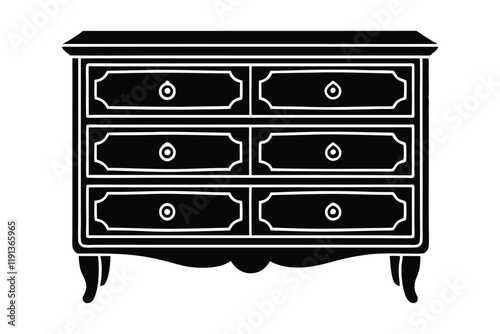 Classic Vintage Dresser Vector Silhouette - Black and White Furniture Design with Ornate Detailing
