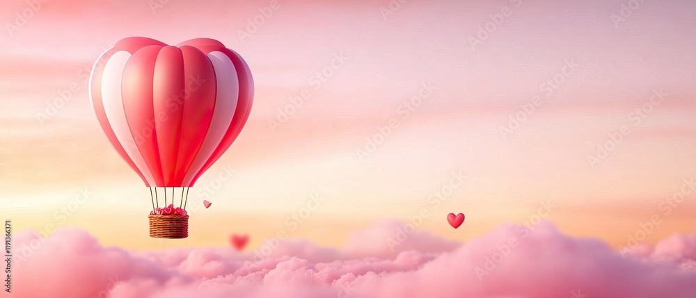 Obraz premium A whimsical heart-shaped hot air balloon floats among soft clouds at sunset, creating a dreamy and romantic atmosphere.