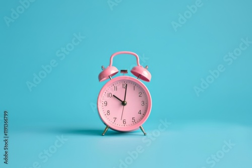 Vintage Pink Alarm Clock on a bright Turquoise Background. Retro alarm clock on a light blue backdrop. Nostalgic. Deadline time concept. Daily routine. 70s Retro Plastic Clock. Time management photo