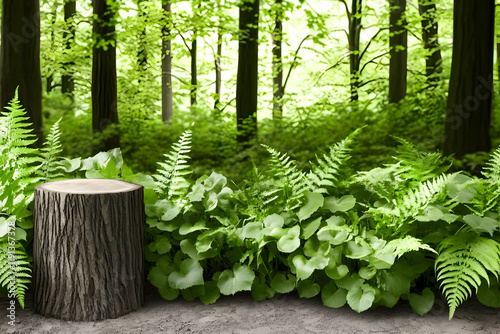 Forest tree stump product display, lush greenery background, nature scene, advertising mockup photo