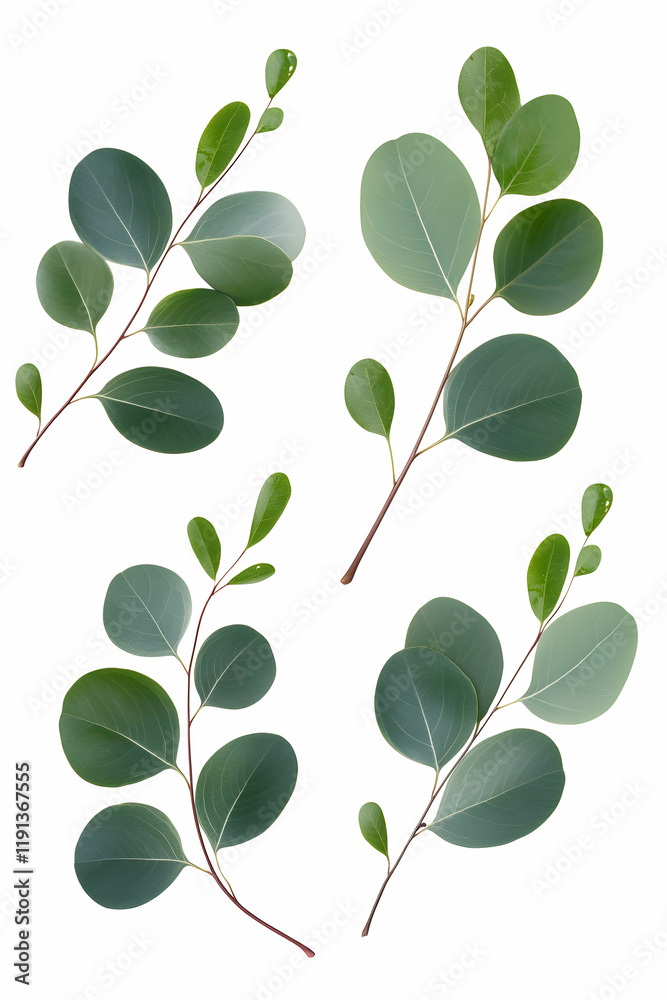Four eucalyptus sprigs on white background; botanical illustration for design, wedding invitations, or greeting cards Four eucalyptus sprigs on white background; botanical illustration for design, wedding invitations, or greeting cards