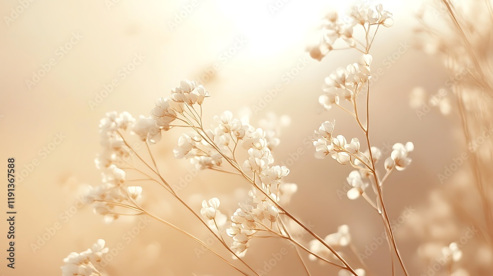 Delicate white flowers bask in soft golden sunlight Delicate white flowers bask in soft golden sunlight