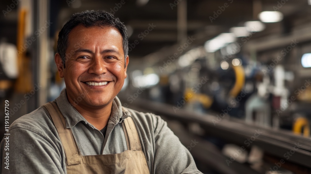 Smiling Worker in Factory Setting with Machinery Smiling Worker in Factory Setting with Machinery