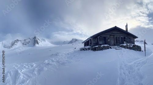 Majestic Mountain Cabin in Snowy Landscape photo