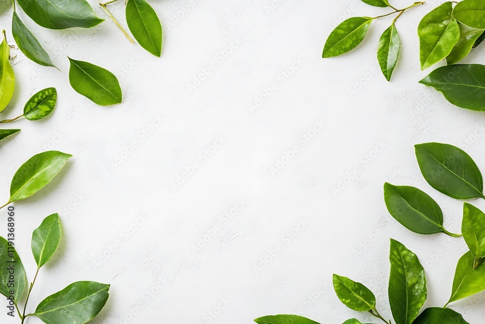 Green Leaves Border on Crisp White Background for Nature Inspired Design and Relaxing Themes : Generative AI Green Leaves Border on Crisp White Background for Nature Inspired Design and Relaxing Themes : Generative AI