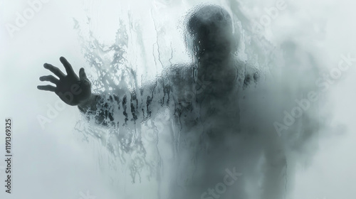 Silhouette of man behind foggy glass, reaching out with hand