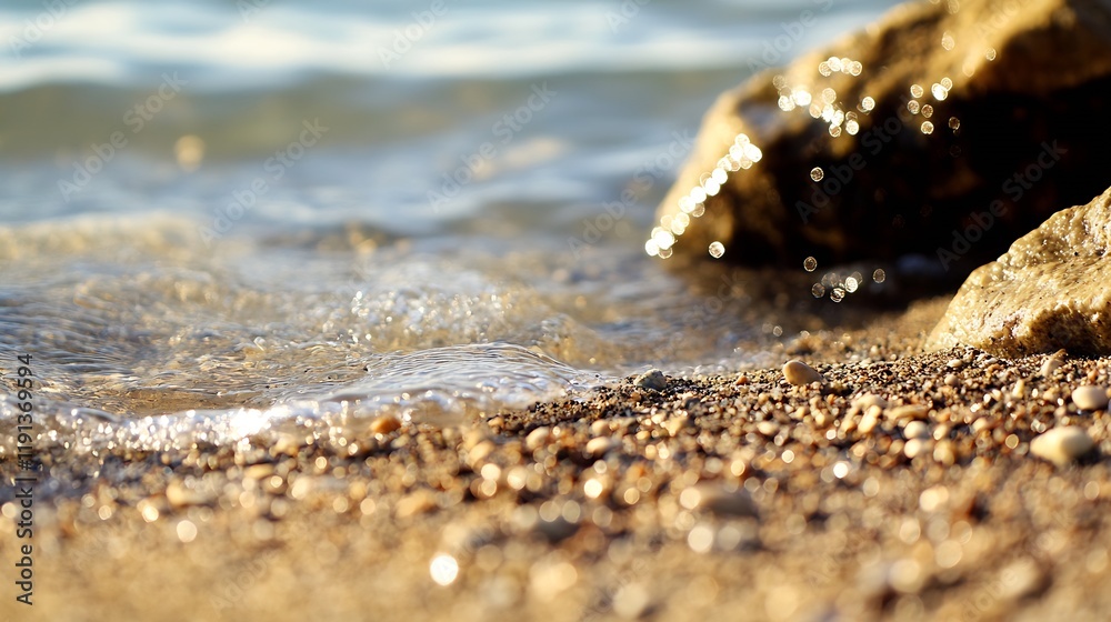 Serene Beach Shoreline with Gentle Waves and Pebble Sand at Sunset : Generative AI Serene Beach Shoreline with Gentle Waves and Pebble Sand at Sunset : Generative AI