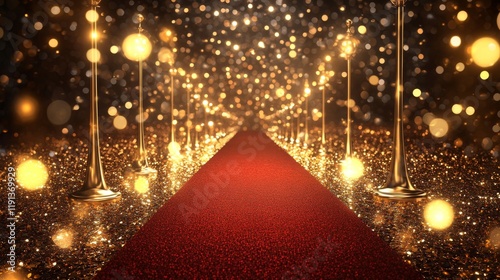 A minimalistic illustration of an elegant red carpet lined with golden stanchions and sparkling lights in a festive atmosphere photo