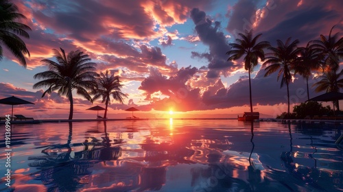 Swimmer s perspective  sunset over infinity pool with palm trees and reflections in tranquil waters