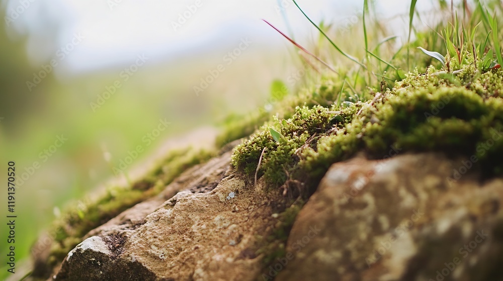 Closeup Mossy Rock and Grass in Woodland Setting : Generative AI Closeup Mossy Rock and Grass in Woodland Setting : Generative AI
