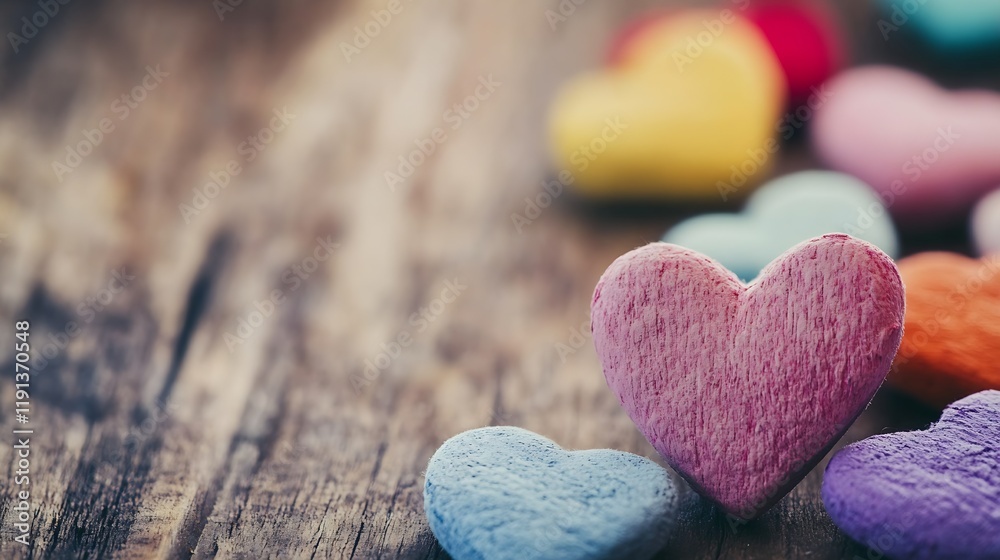 Colorful Heart Shaped Candies on Rustic Wooden Table for Sweet Celebrations : Generative AI Colorful Heart Shaped Candies on Rustic Wooden Table for Sweet Celebrations : Generative AI