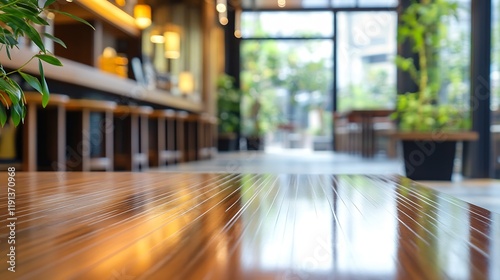 Wallpaper Mural Modern Interior Cafe with Wooden Table and Greenery Creating Cozy Ambiance : Generative AI Torontodigital.ca