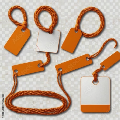 A set of blank, silver price tags with leather strings, isolated on a white background photo