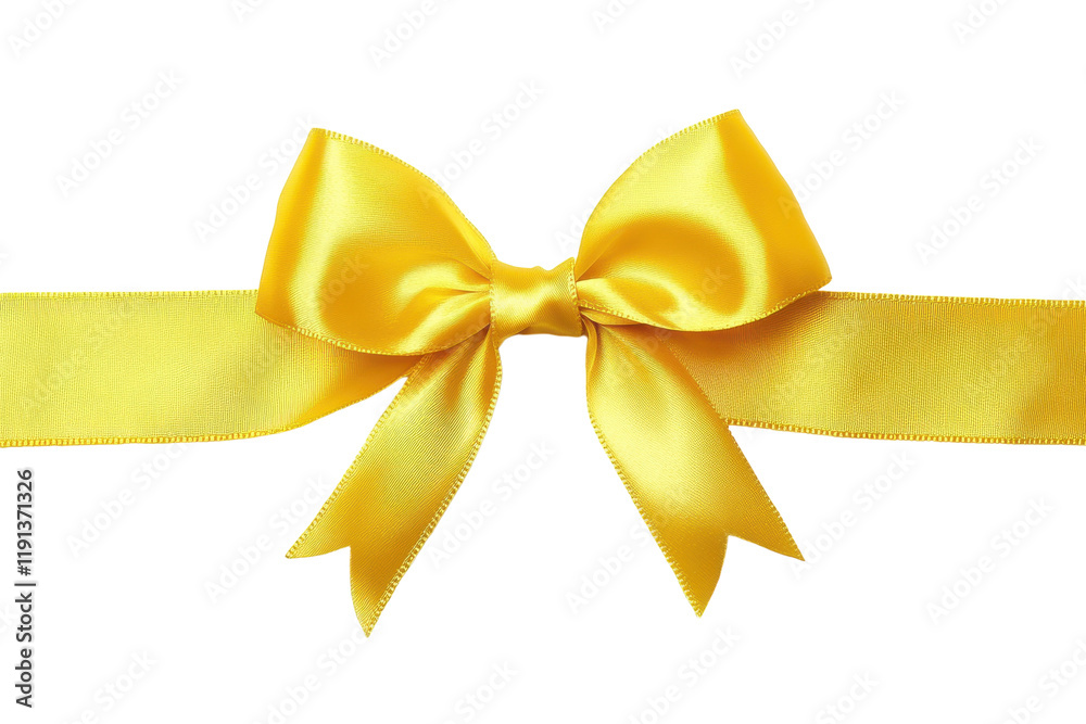 Bright yellow satin ribbon bow with tails arranged elegantly on a white background Bright yellow satin ribbon bow with tails arranged elegantly on a white background