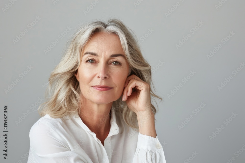 Elegant middle-aged woman touching her face studio portrait Elegant middle-aged woman touching her face studio portrait