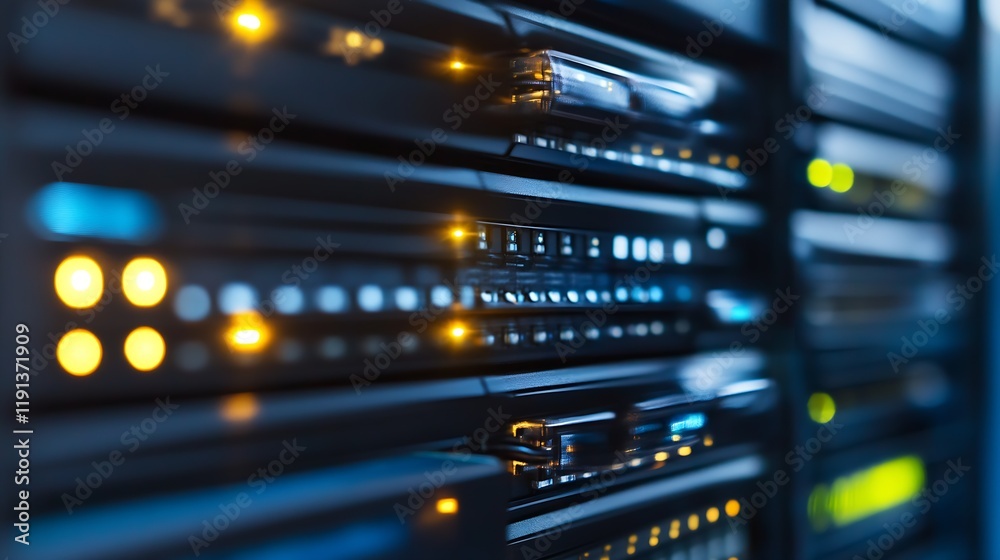 Horizontal View of Illuminated Data Center Servers with Focus on Technology and Connectivity : Generative AI Horizontal View of Illuminated Data Center Servers with Focus on Technology and Connectivity : Generative AI