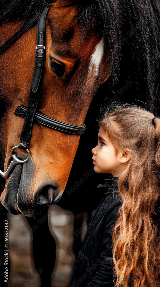 Fototapeta premium Young girl interacts with a horse in a serene countryside setting during a sunny afternoon