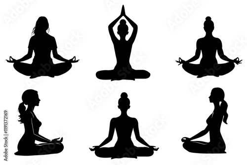 Silhouettes of women sitting in Yoga lotus pose 