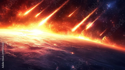 apocalyptic meteor shower unleashes fiery destruction on planet, marking end of the world in catastrophic cosmic event with burning meteors and global devastation photo